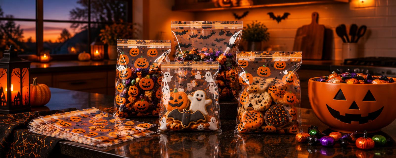 Self-Sealing 100pc Halloween Candy Pouches styled in a Halloween setting
