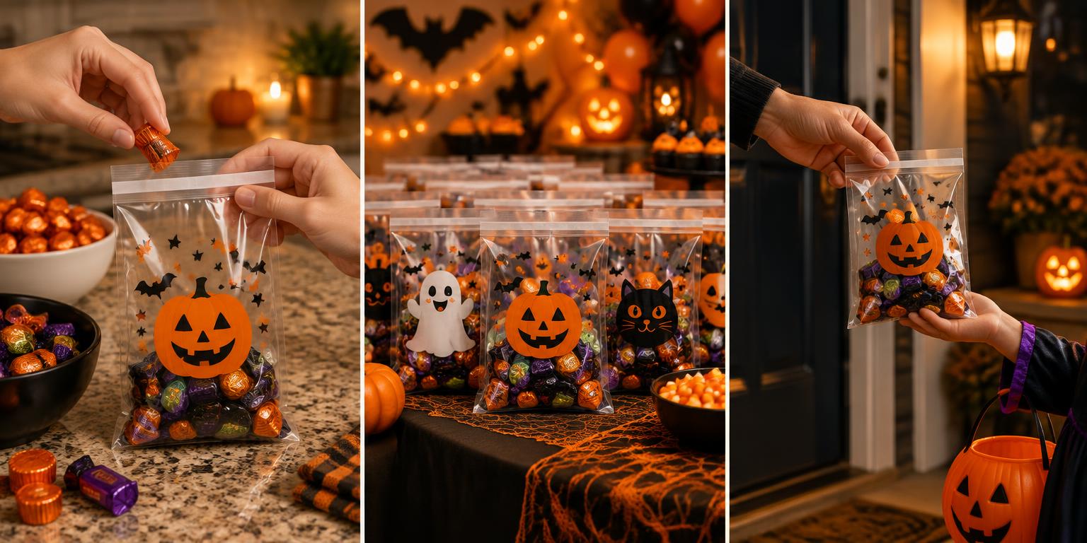 Self-Sealing 100pc Halloween Candy Pouches used as trick-or-treat handouts