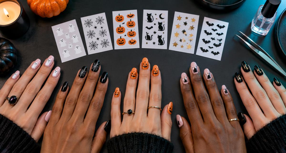 Hands with pink, black and orange Halloween nail designs