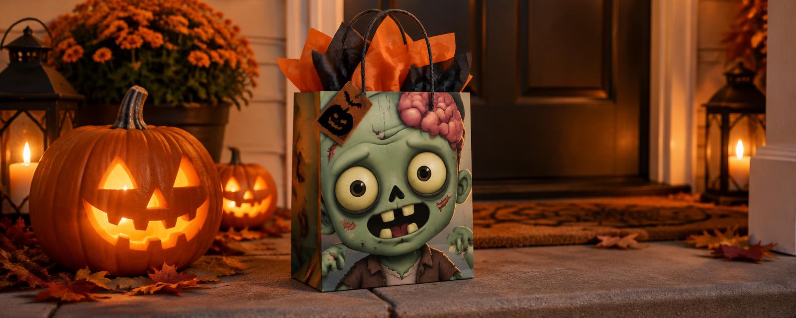 Halloween Zombie Gift Bag styled in a Halloween setting