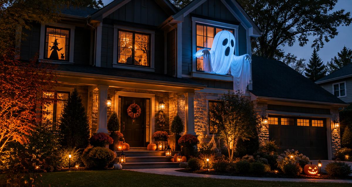 Modern home with a glowing ghost Halloween window display