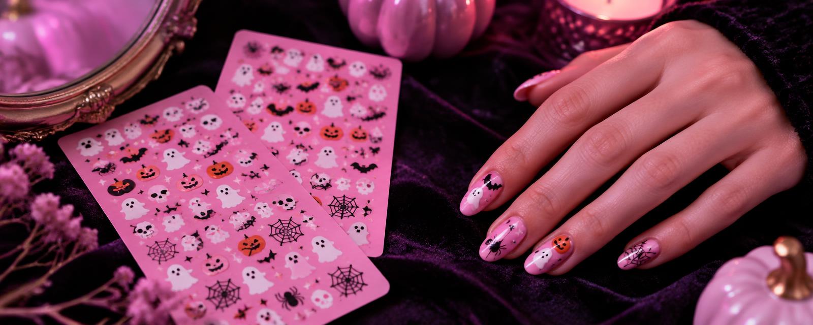 Pink Spooky Nail Art Decals 6-Pack styled in a Halloween setting