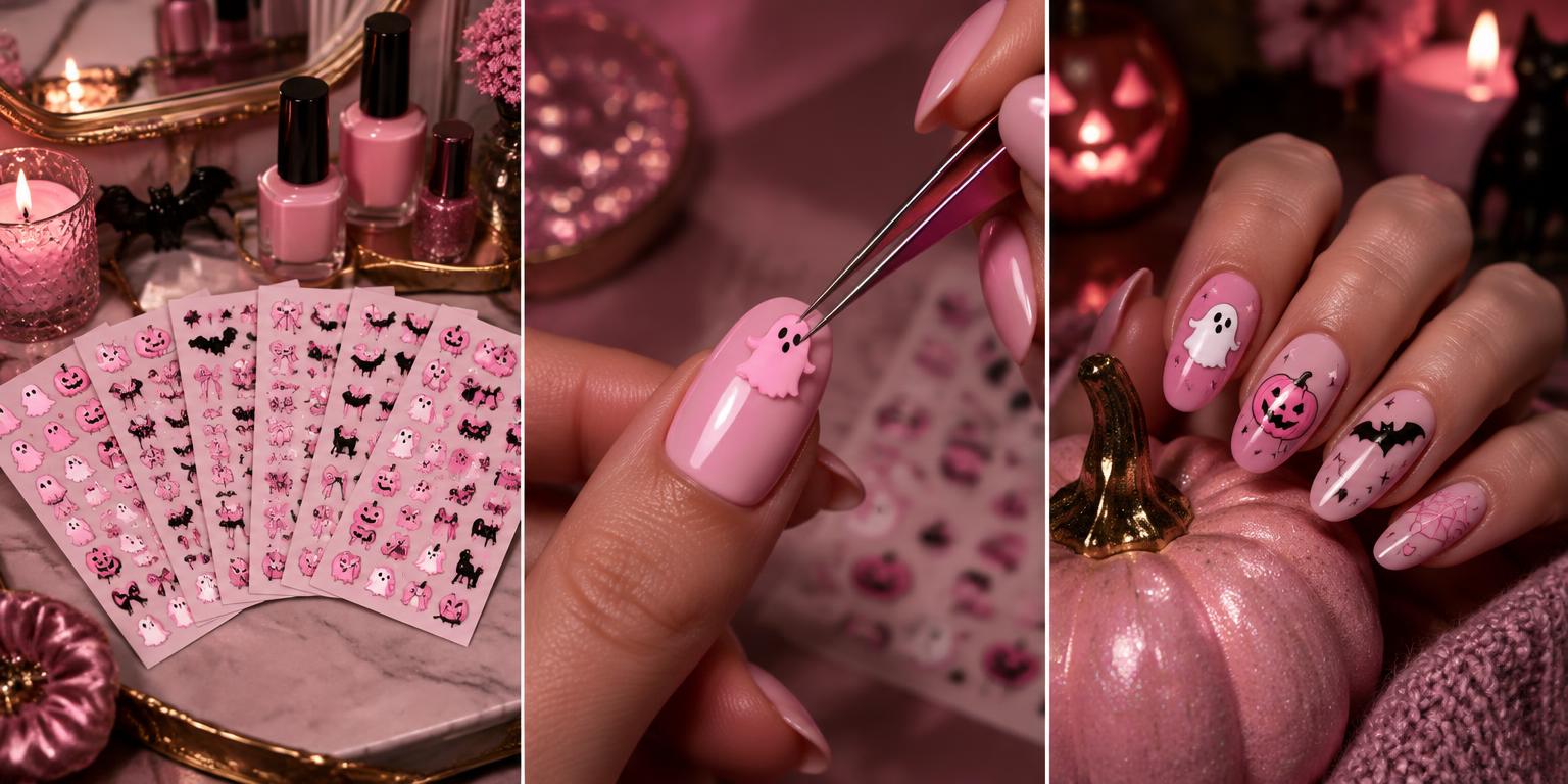 Pink Spooky Nail Art Decals 6-Pack used as halloween party look